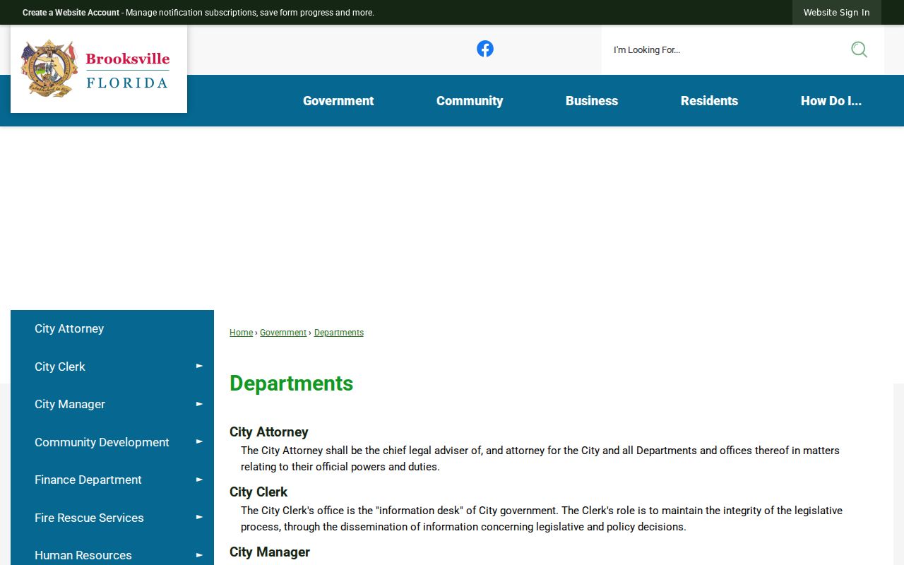 Brooksville city departments page showing the current municipal department list