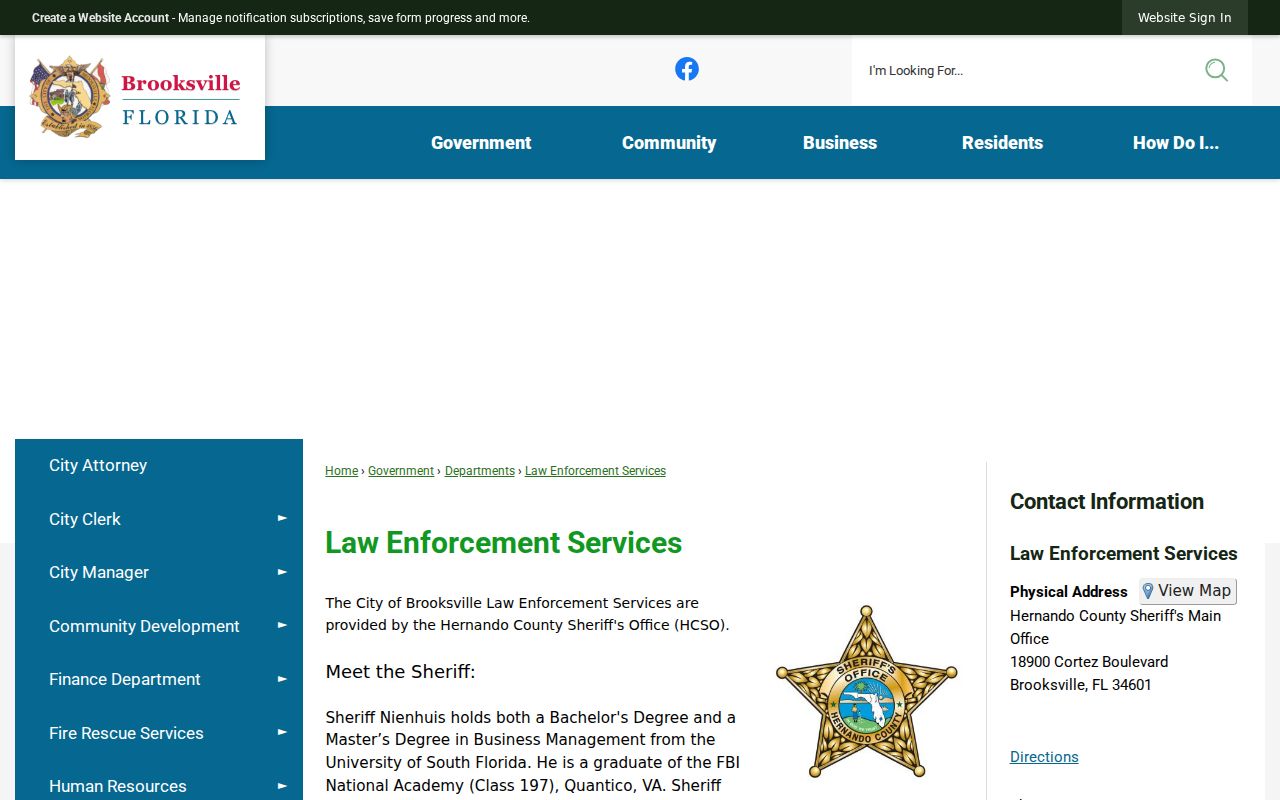 Brooksville official law enforcement services page identifying HCSO service