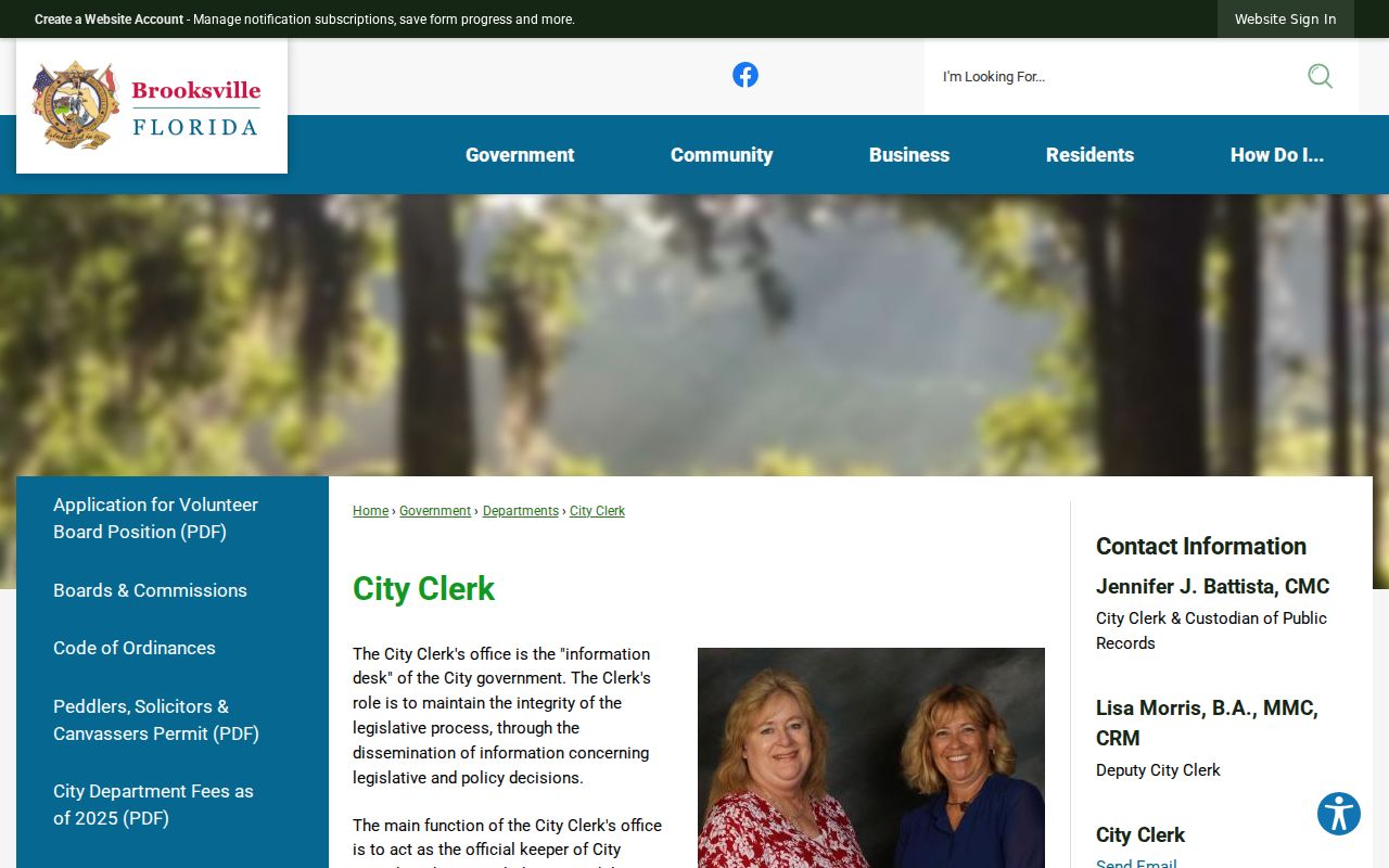 Brooksville City Clerk public records information page