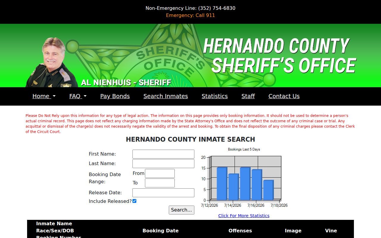 Hernando County arrest and booking search field controls