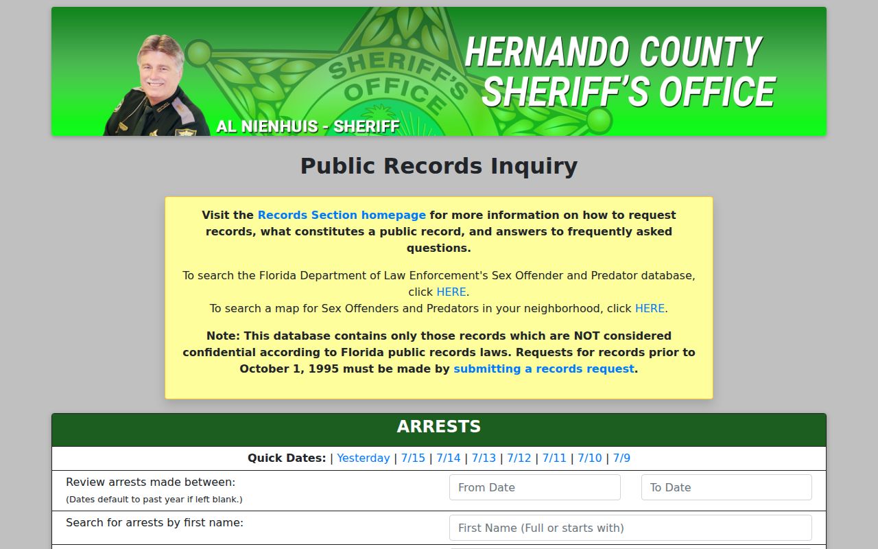 Hernando County arrest search in the HCSO records inquiry