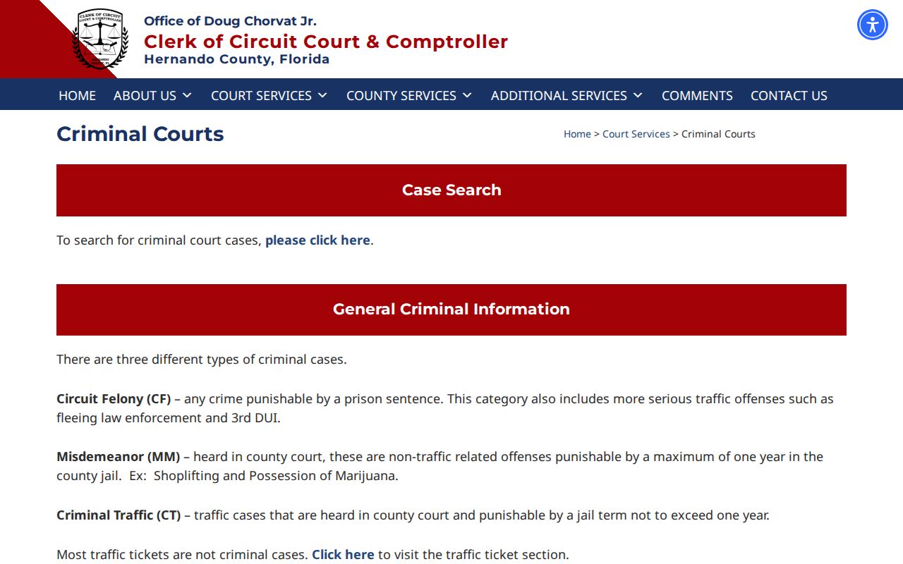 Hernando County court case lookup on the Clerk criminal courts page
