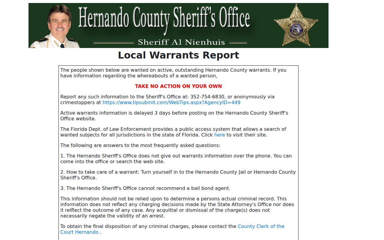 Hernando County active warrant search and three-day delay notice