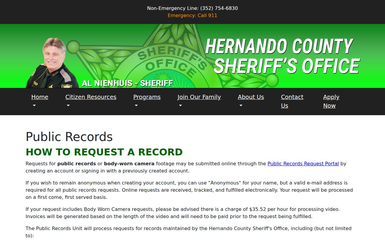 HCSO Public Records Unit request options